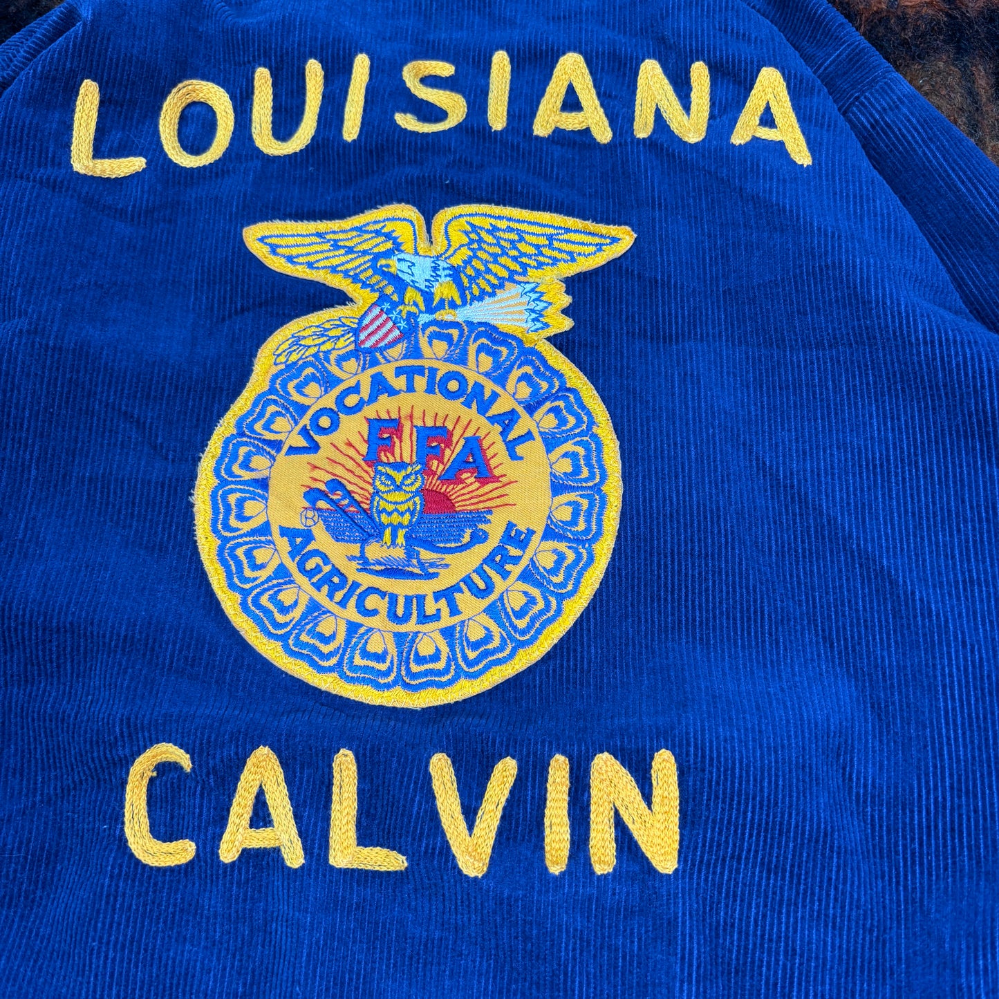 【80s-90s USA製】FFA コーデュロイジャケット|Louisiana CALVIN 刺繍入り ヴィンテージ ワークジャケット ネイビー系 32サイズ