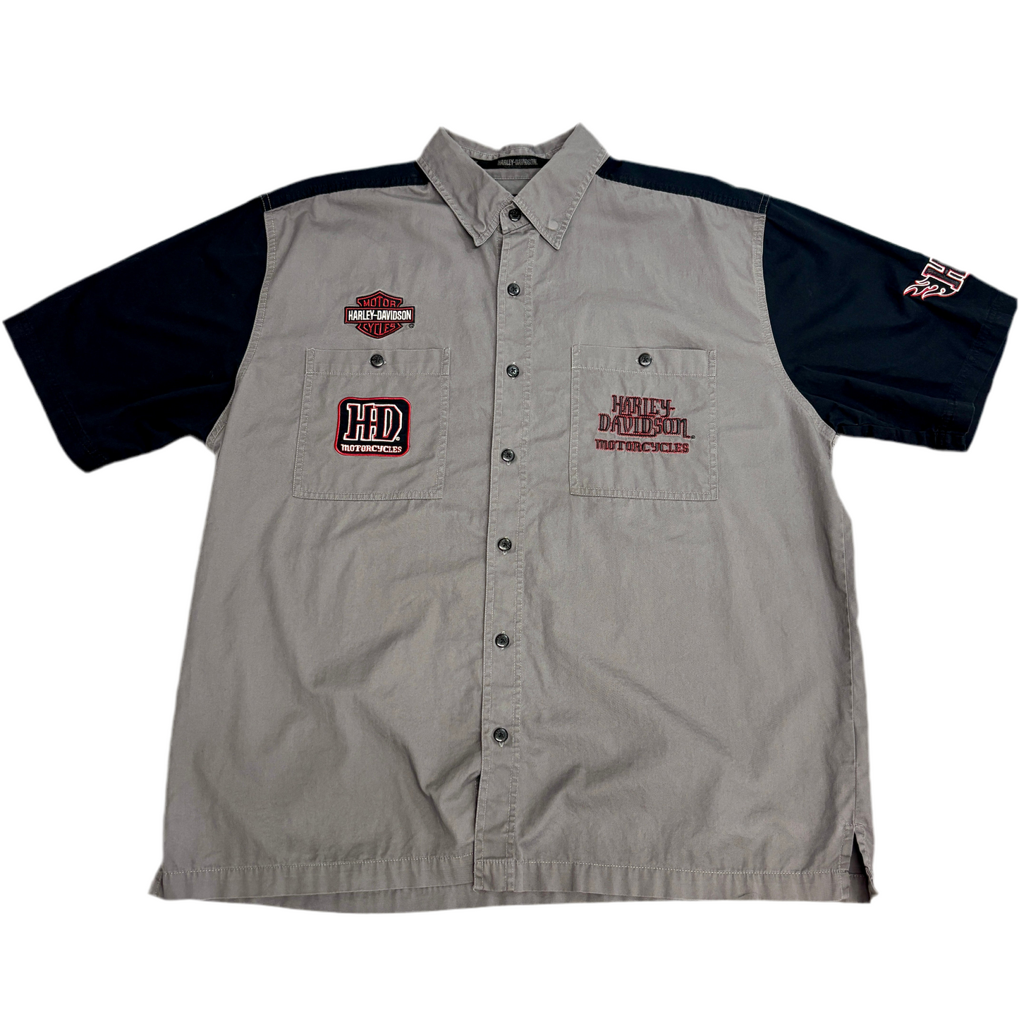 Harley-Davidson 刺繍ロゴ 半袖ワークシャツ XL グレー×ブラック バイカースタイル アメリカンレジェンド