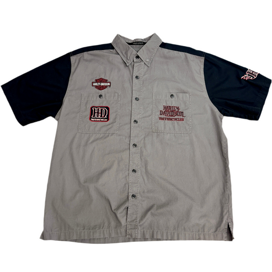 Harley-Davidson 刺繍ロゴ 半袖ワークシャツ XL グレー×ブラック バイカースタイル アメリカンレジェンド