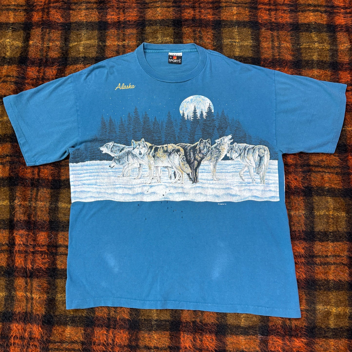 90s USA製 Signal Sports アラスカ 狼 オールプリントTシャツ XL相当 ヴィンテージ ’91