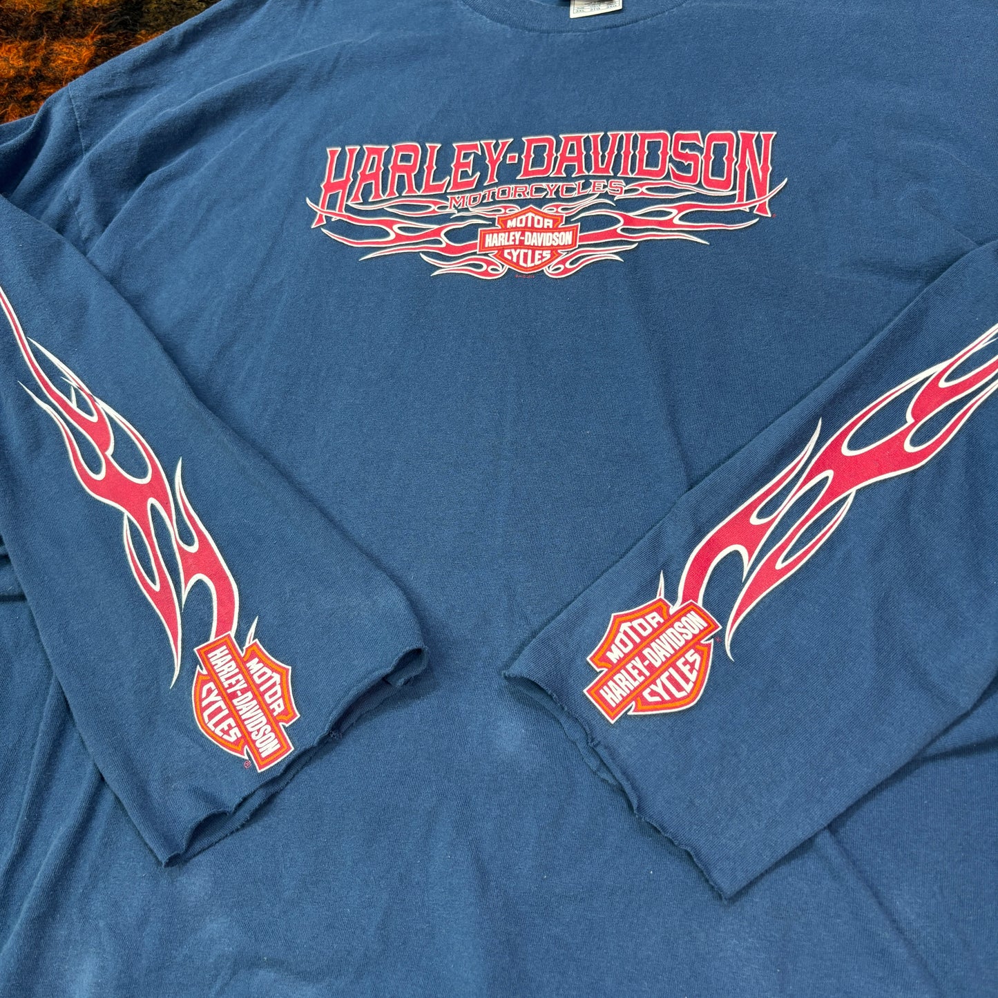 90s Harley-Davidson ロングスリーブTシャツ 3XL NYC スカル×ファイヤーパターン 青 ブルー