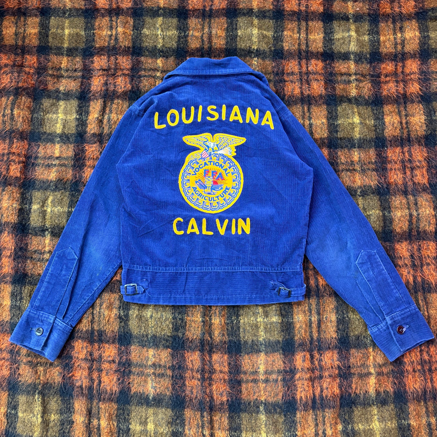 【80s-90s USA製】FFA コーデュロイジャケット|Louisiana CALVIN 刺繍入り ヴィンテージ ワークジャケット ネイビー系 32サイズ