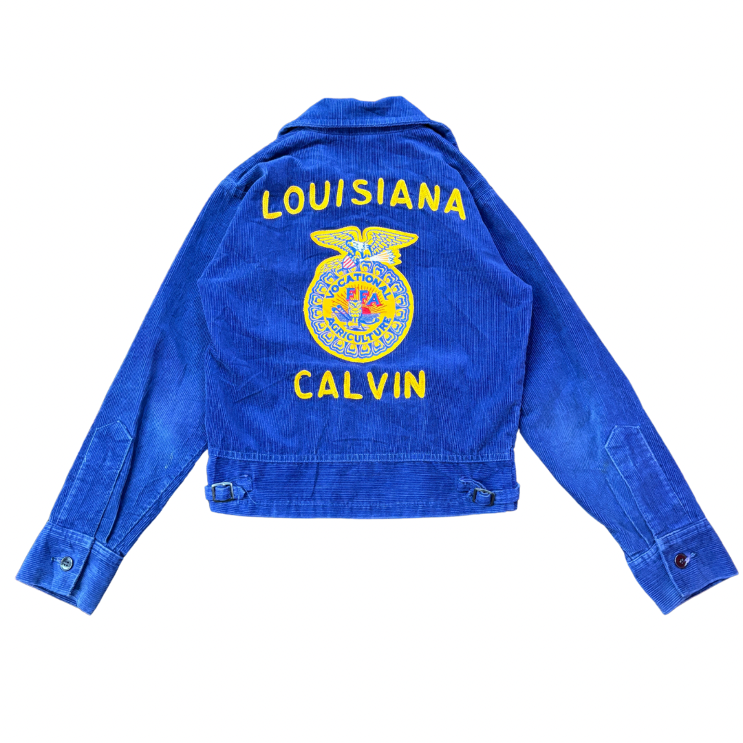 【80s-90s USA製】FFA コーデュロイジャケット|Louisiana CALVIN 刺繍入り ヴィンテージ ワークジャケット ネイビー系 32サイズ