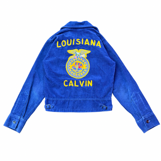 【80s-90s USA製】FFA コーデュロイジャケット|Louisiana CALVIN 刺繍入り ヴィンテージ ワークジャケット ネイビー系 32サイズ
