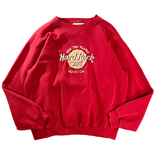 Hard Rock Cafe “HOUSTON” 90s USA製 刺繍スウェット 赤/レッド SAVE THE PLANET ラグラン風 L相当