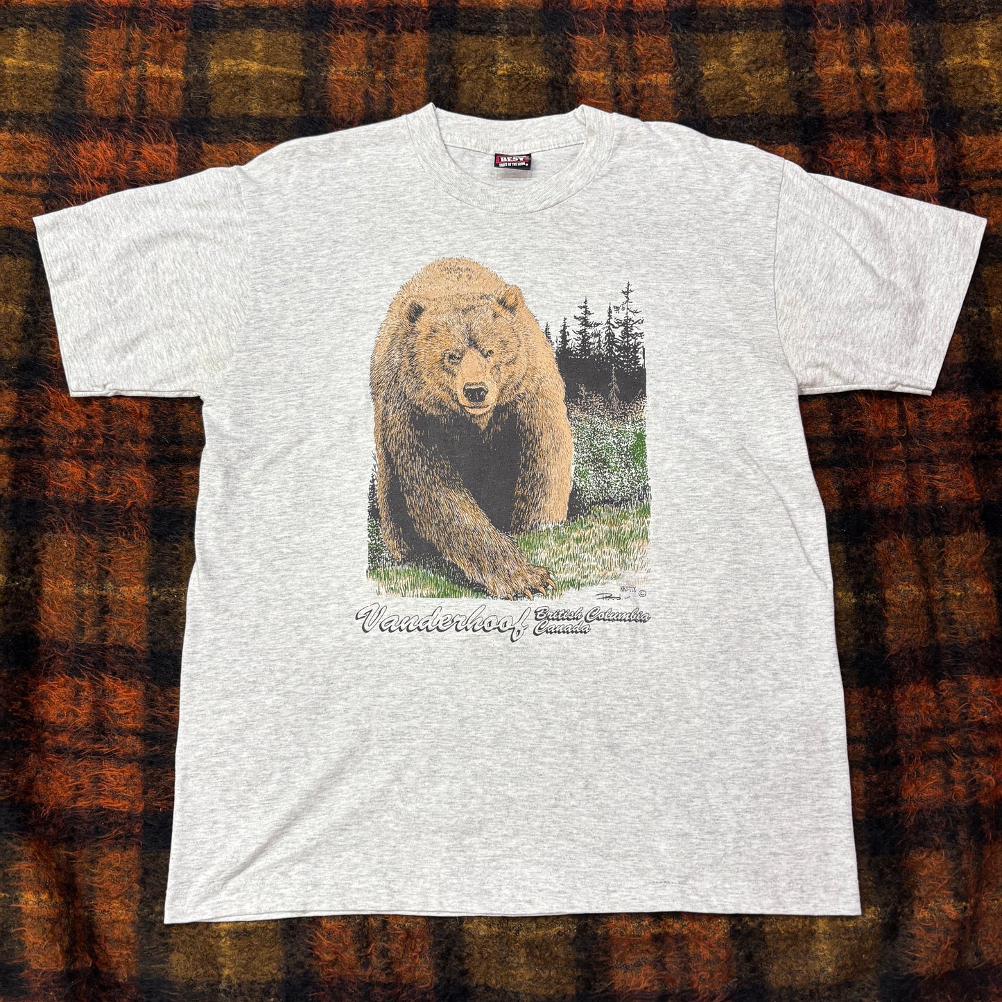 90s USA製 Fruit of the Loom グリズリーベア アニマルフォトTシャツ ヴィンテージ Vanderhoof カナダ土産 Lサイズ