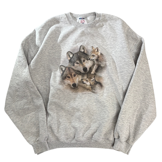 JERZEES “WOLF PACK” フォトリアル ウルフプリント スウェット XL 霜降りグレー/メキシコ製 NuBlend アニマル USAムード