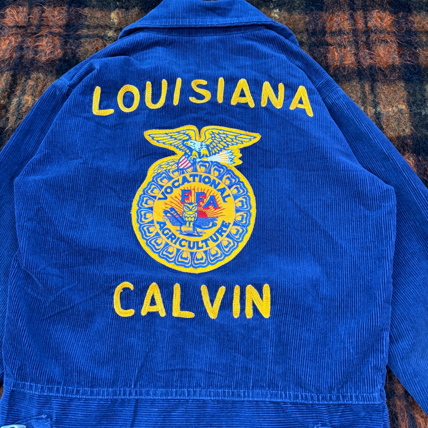 【80s-90s USA製】FFA コーデュロイジャケット|Louisiana CALVIN 刺繍入り ヴィンテージ ワークジャケット ネイビー系 32サイズ