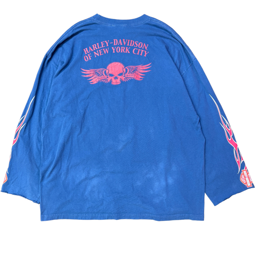 90s Harley-Davidson ロングスリーブTシャツ 3XL NYC スカル×ファイヤーパターン 青 ブルー