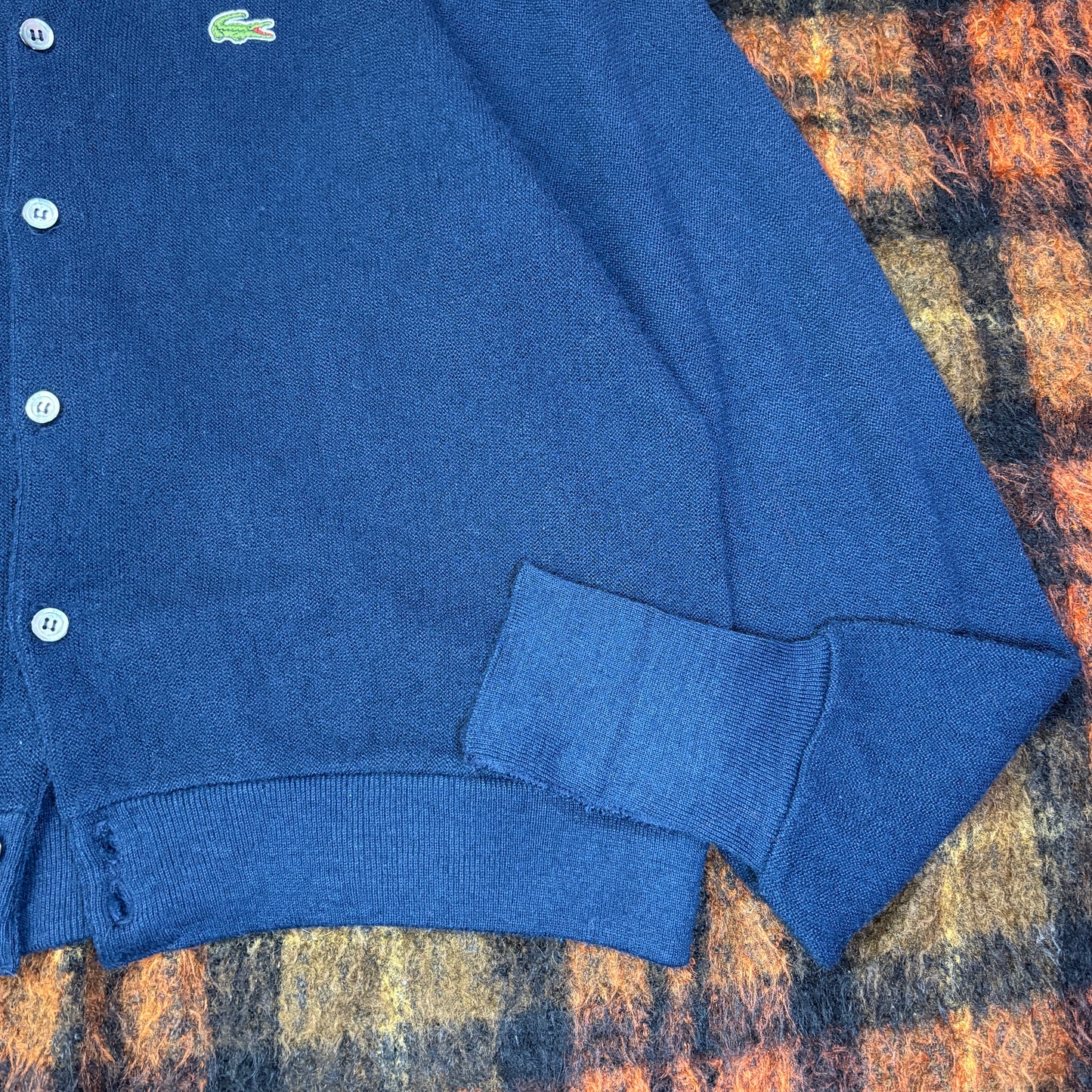 【USA製】IZOD LACOSTE アクリルニットカーディガン|ヴィンテージ ラコステ ワニロゴ 刺繍ネイビー Lサイズ