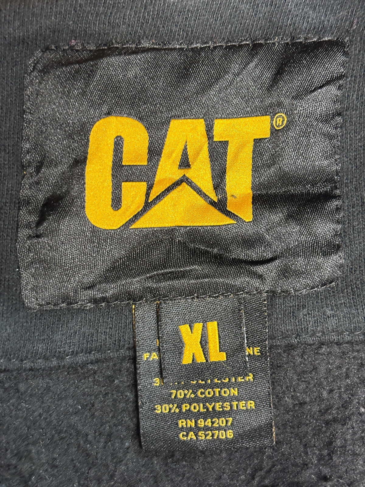 【CAT CATERPILLAR プルオーバーパーカー】キャタピラー 袖ロゴ ブラック XL 企業ロゴ ワーク系 古着/9-12