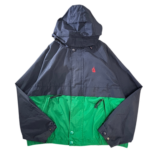 NAUTICA 90s ツートーン パッカブルフード セーリングジャケット L 紺×グリーン コットン×マイクロポリ 台湾製 Jクラスロゴ