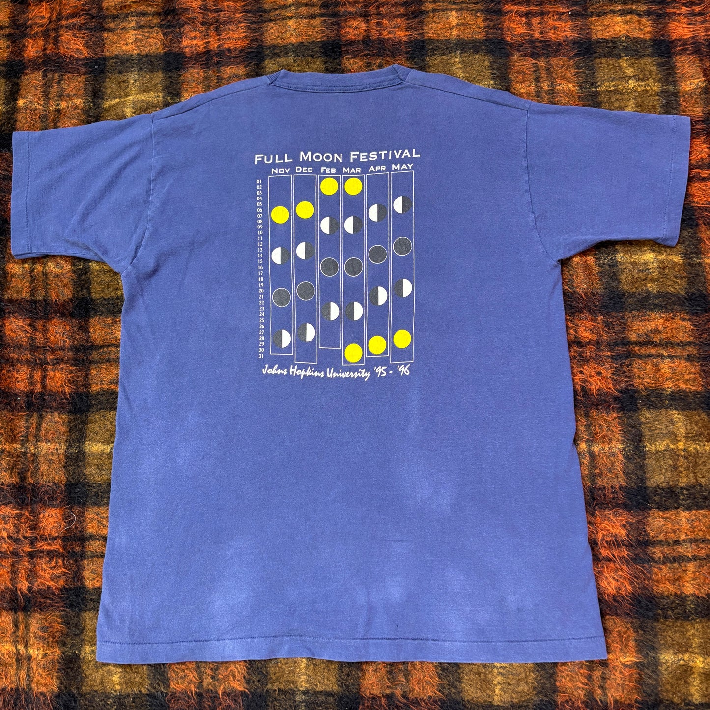 90s Johns Hopkins University “Full Moon Festival” ヴィンテージTシャツ – 月齢カレンダー/両面プリント – Made in USA XL