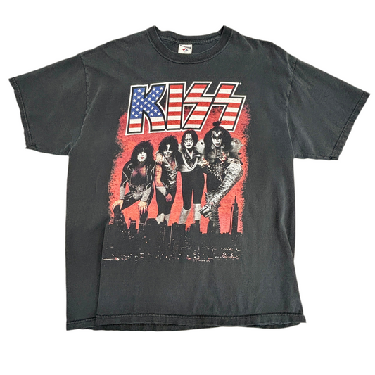 KISS バンドTシャツ 2005年製 アメリカ国旗ロゴ×メンバー集合プリント JERZEES XL ブラック ロックT