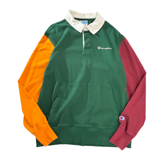 Champion ラガーシャツ風 スウェット プルオーバー M/カラーブロック(グリーン×オレンジ×バーガンディ)白襟 刺繍ロゴ カンガルーポケット
