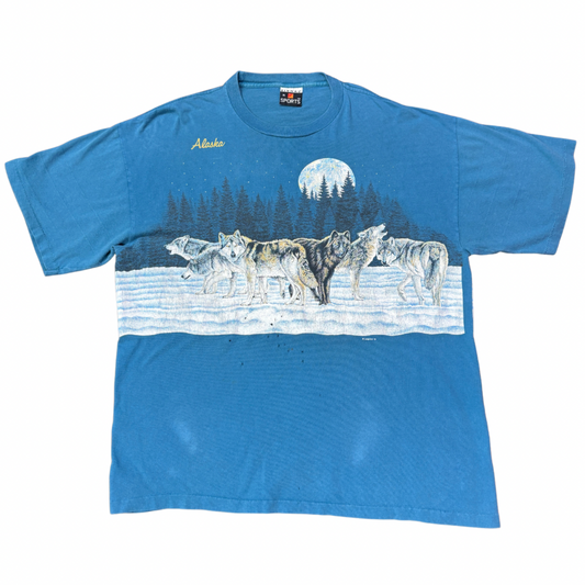 90s USA製 Signal Sports アラスカ 狼 オールプリントTシャツ XL相当 ヴィンテージ ’91