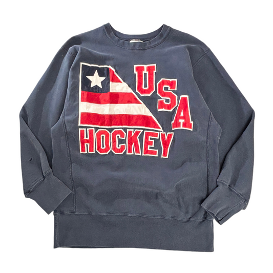 【USA製 80s~90s Champion】リバースウィーブスウェット “USA HOCKEY” 刺繍ロゴ ネイビー XL
