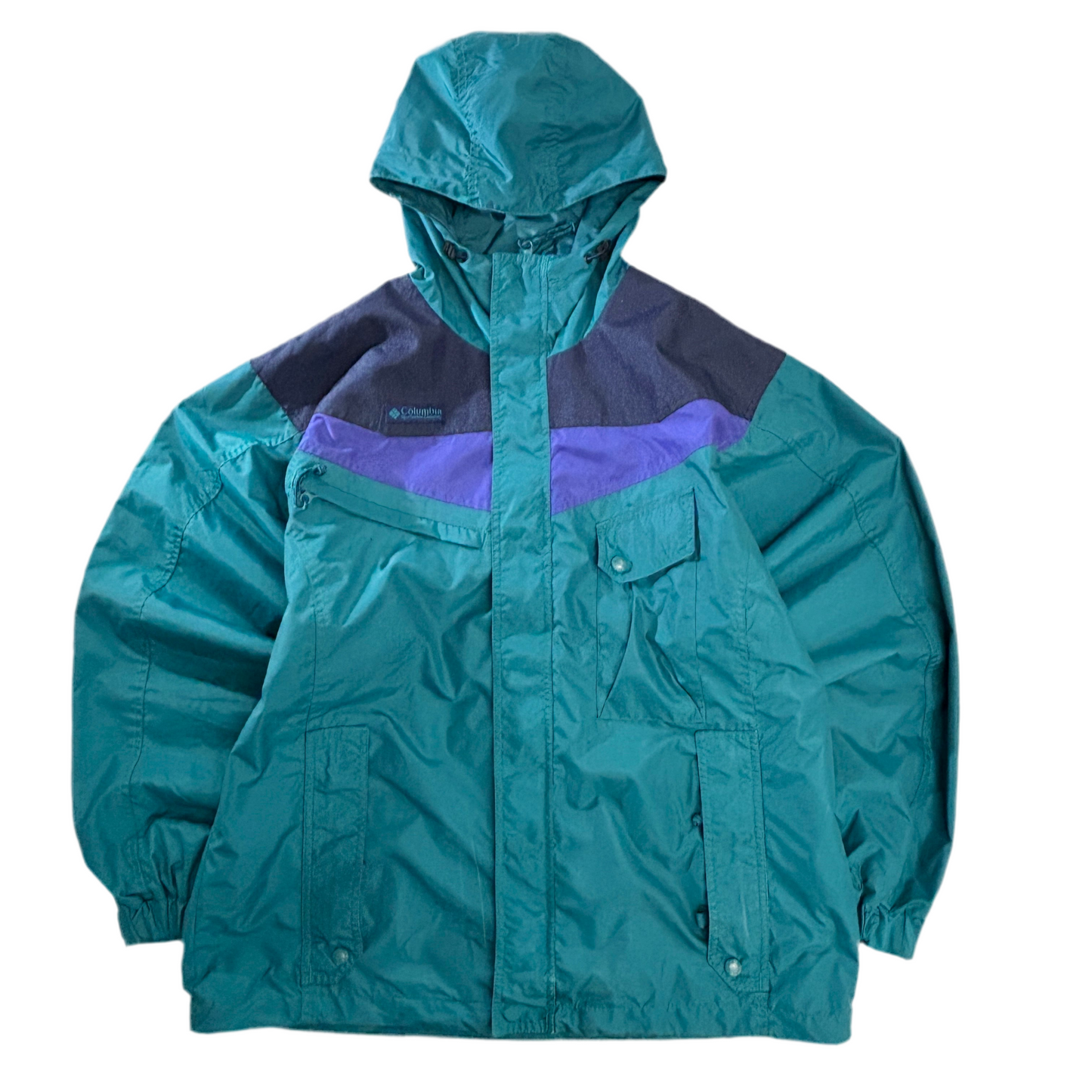 90s Columbia カラーブロック ナイロン フーデッドジャケット ティール×パープル 切替 アウトドア 古着