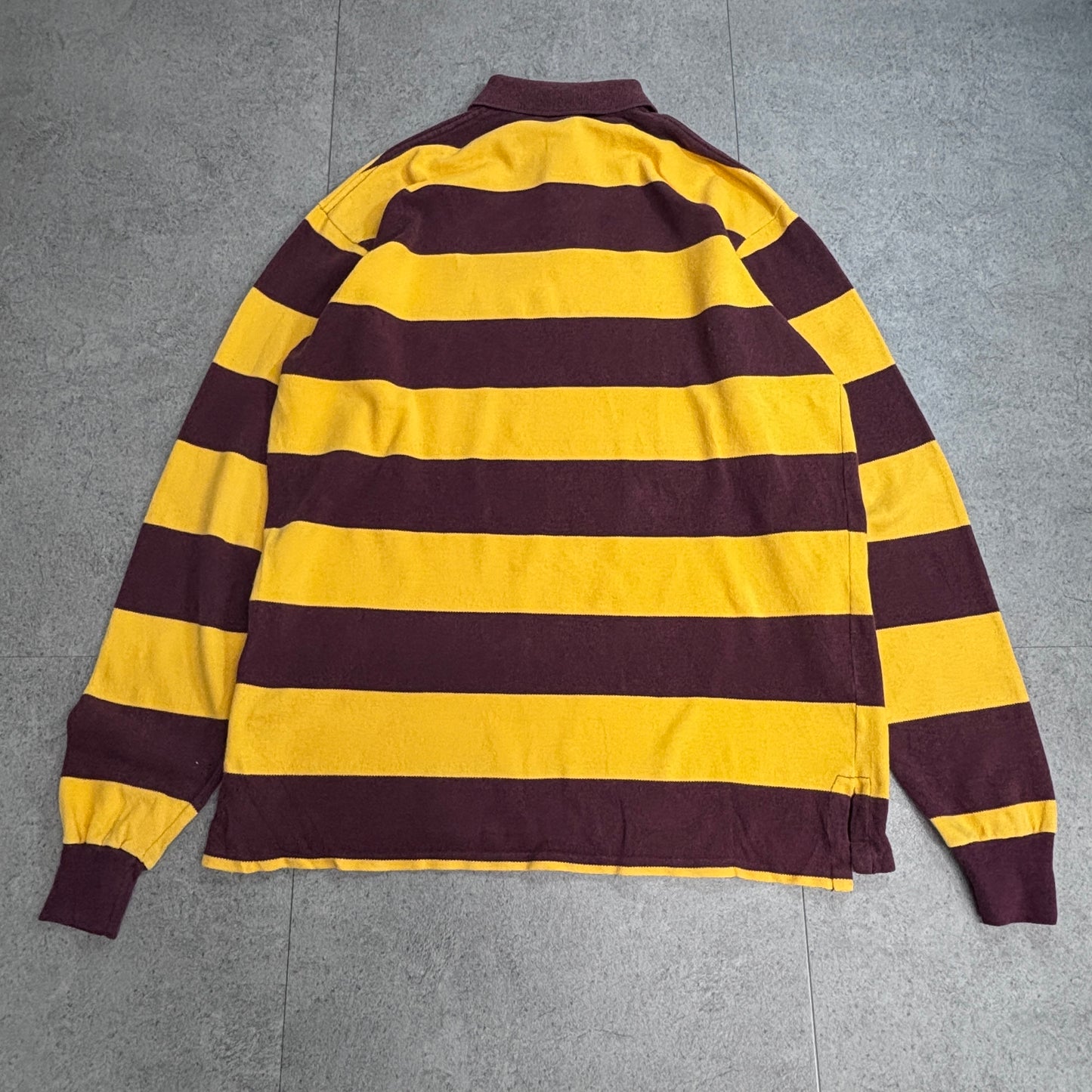 【Polo by Ralph Lauren ボーダー 長袖ラガーシャツ】USA製 M イエロー×バーガンディ ポニー刺繍 古着/8-55