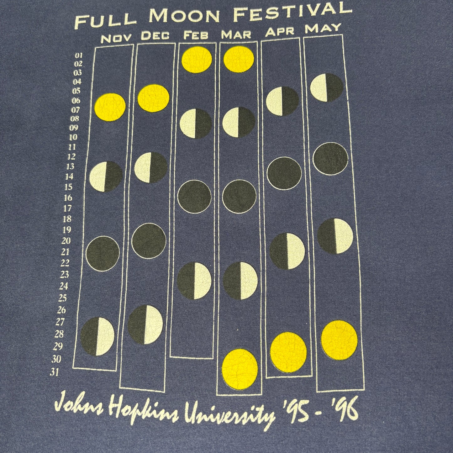 90s Johns Hopkins University “Full Moon Festival” ヴィンテージTシャツ – 月齢カレンダー/両面プリント – Made in USA XL