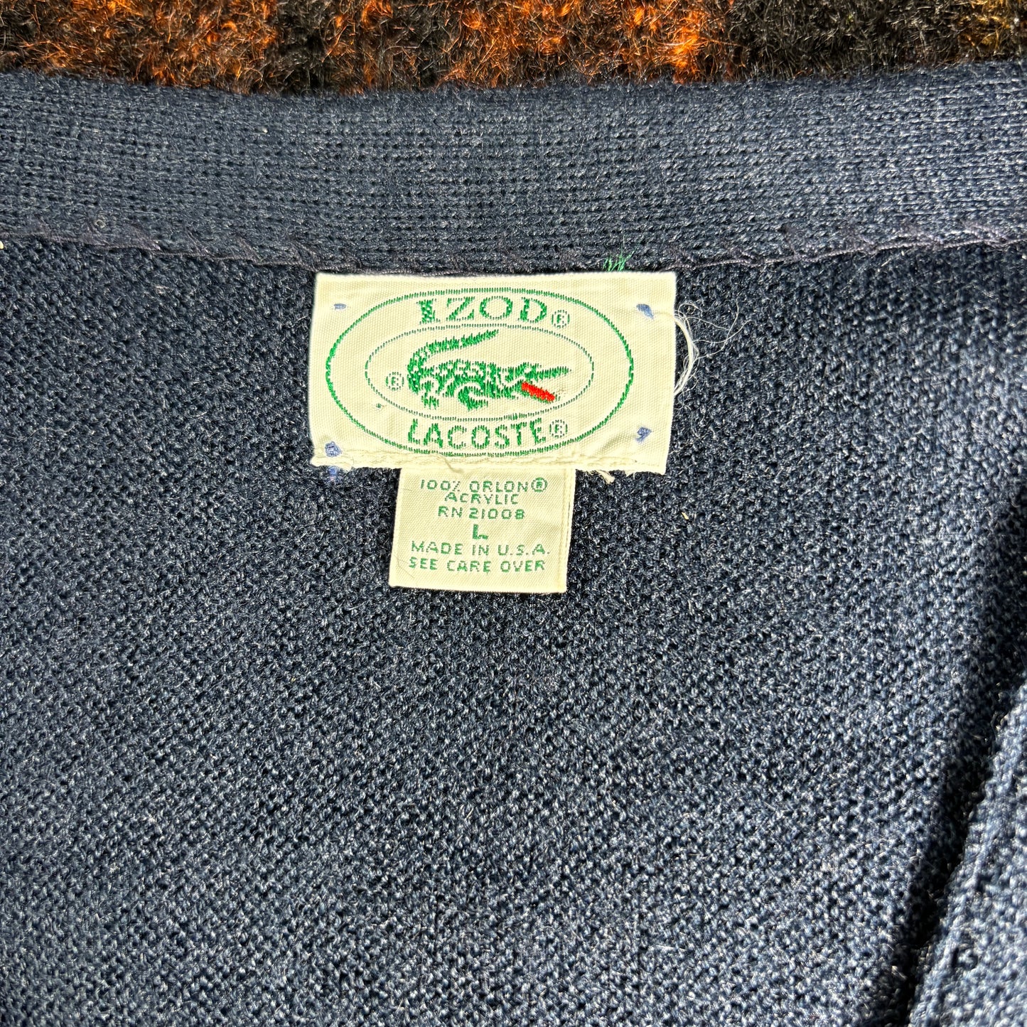 【USA製】IZOD LACOSTE アクリルニットカーディガン|ヴィンテージ ラコステ ワニロゴ 刺繍ネイビー Lサイズ