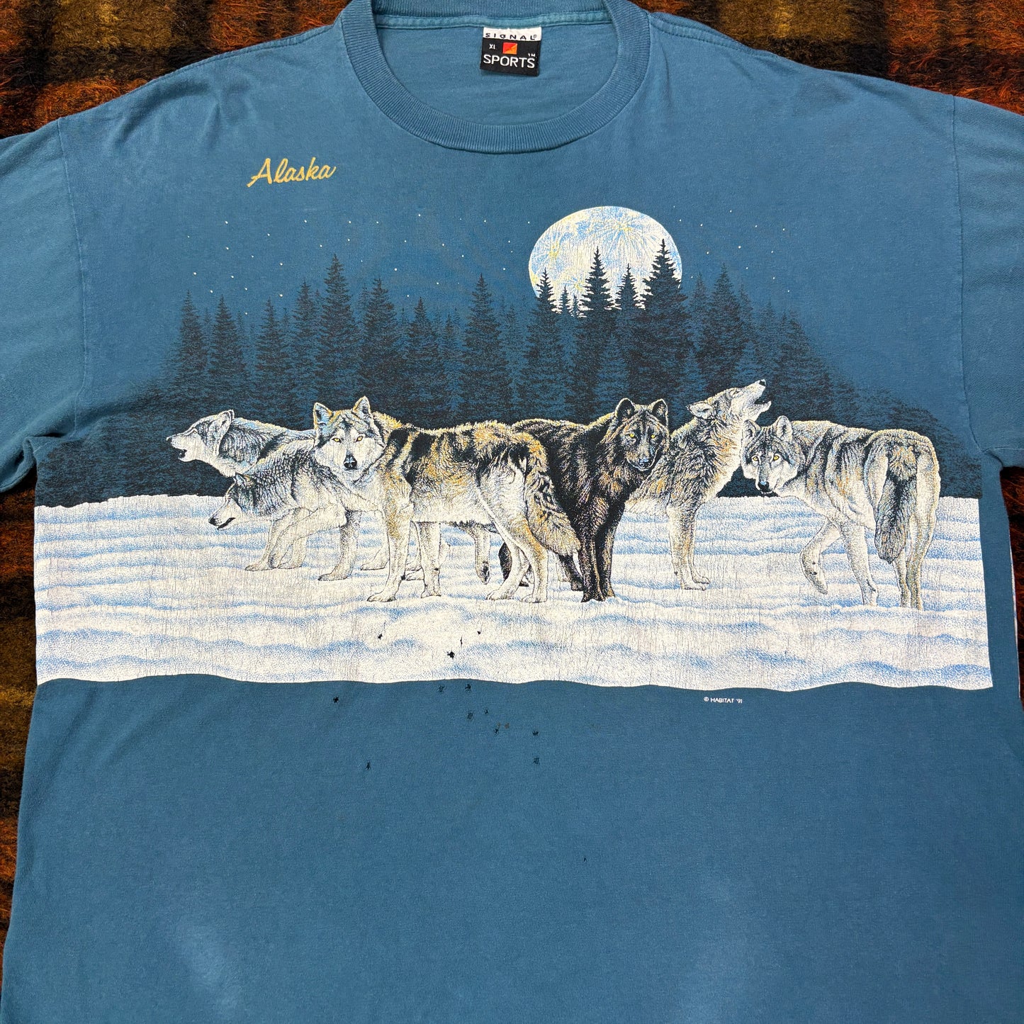 90s USA製 Signal Sports アラスカ 狼 オールプリントTシャツ XL相当 ヴィンテージ ’91