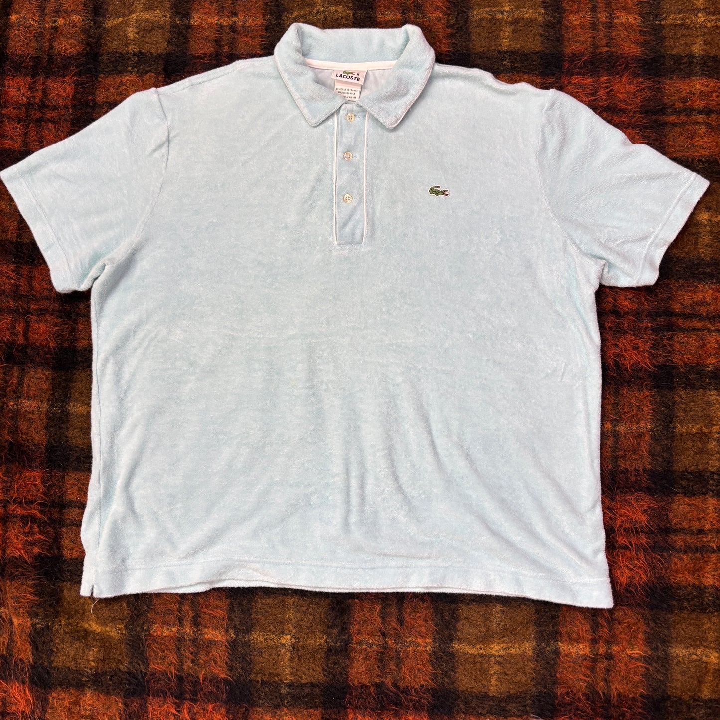 90s フランス製 LACOSTE ラコステ タオル地 ポロシャツ パイル素材 サックスブルー XL相当