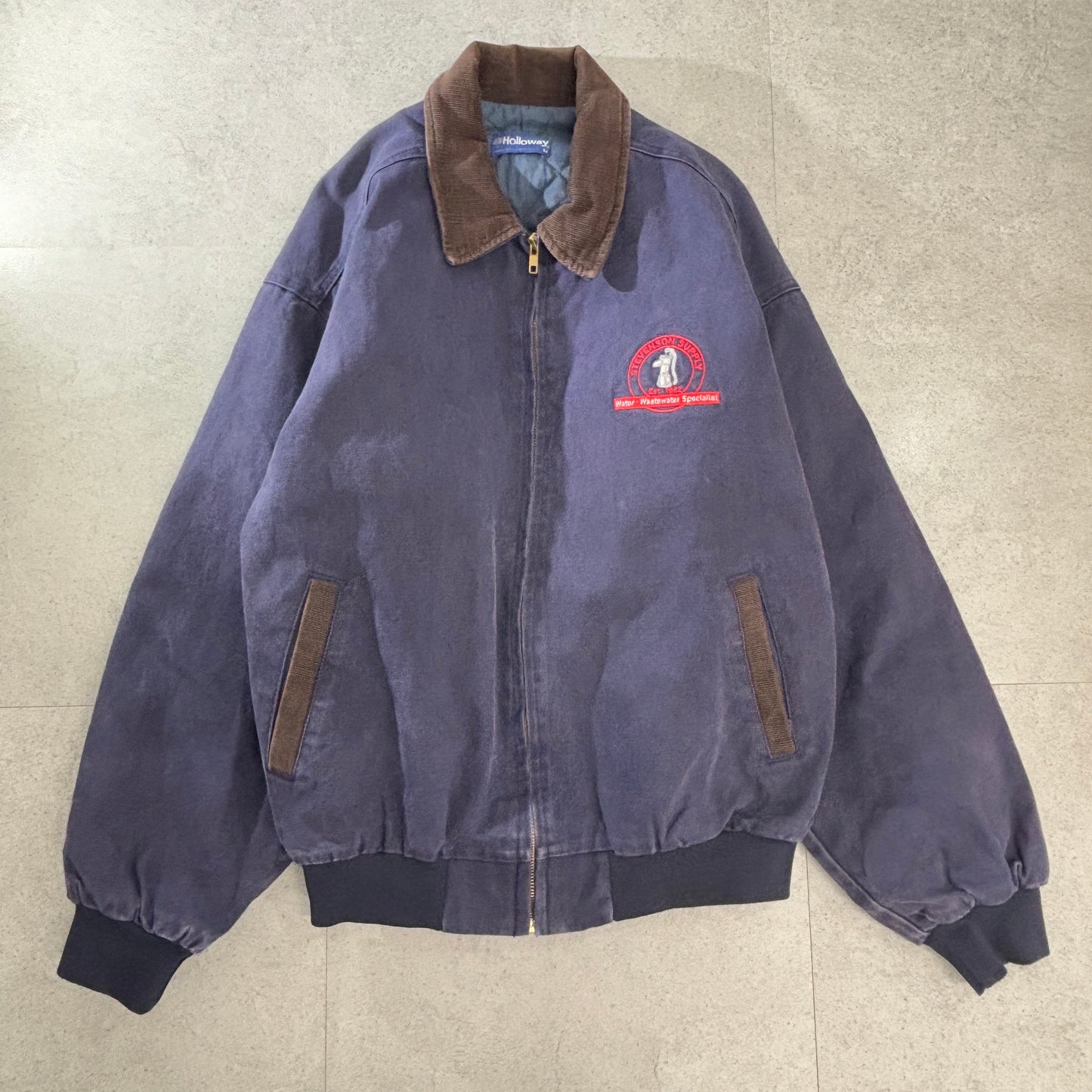 90s Holloway “STEVENSON SUPPLY” 刺繍ワークジャケット/USA製/コーデュロイ襟/YKKジップ/企業ロゴ入り ヴィンテージ