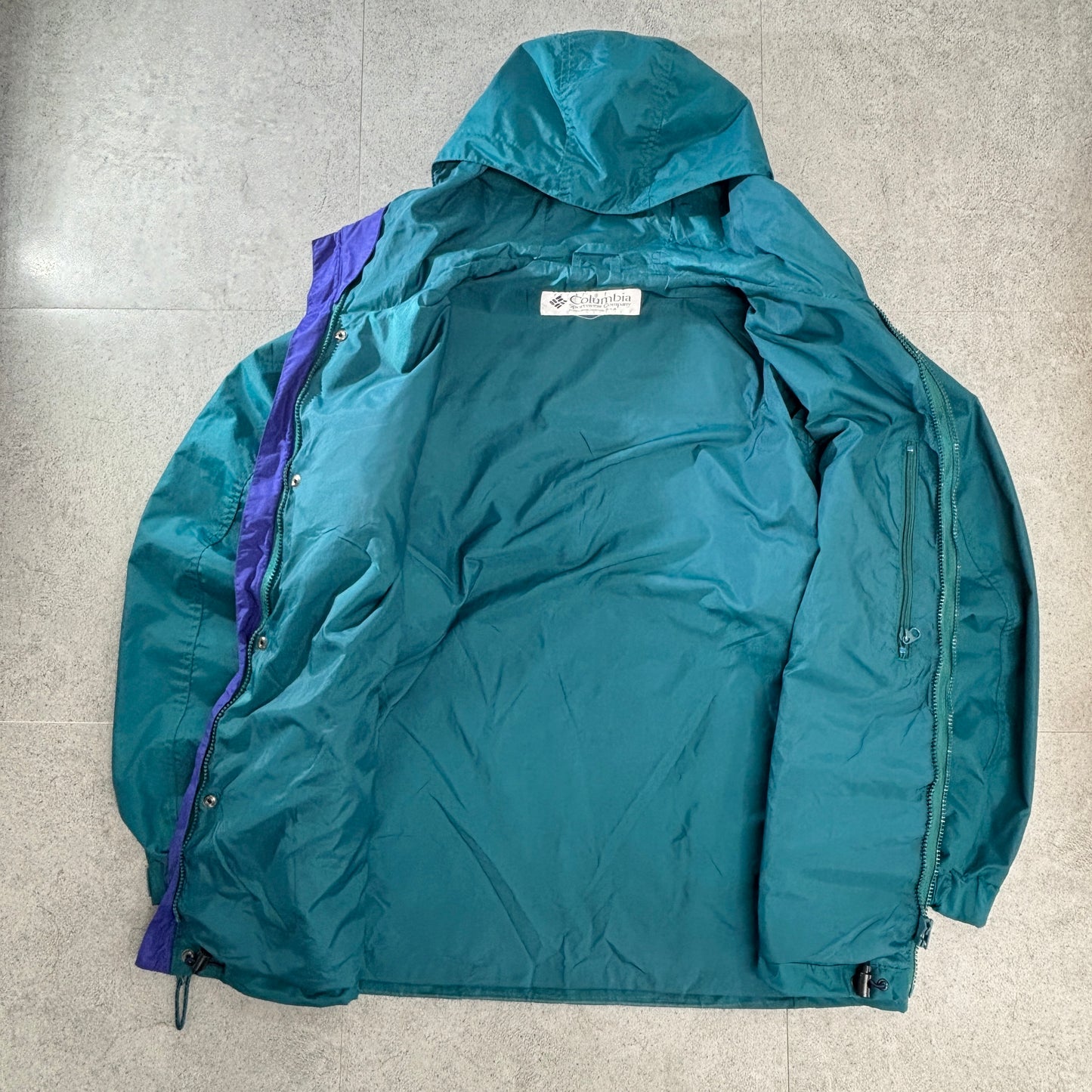 90s Columbia カラーブロック ナイロン フーデッドジャケット ティール×パープル 切替 アウトドア 古着