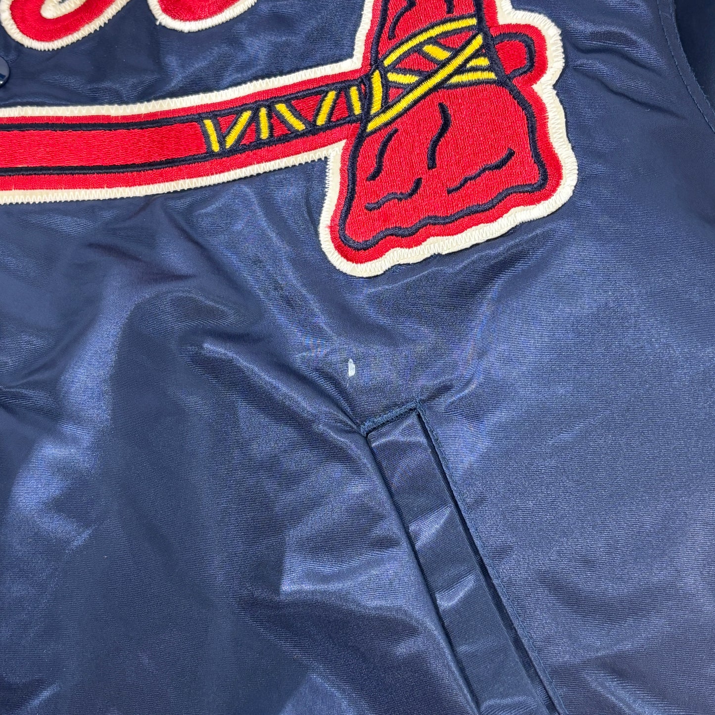 90s USA製 STARTER “MLB DIAMOND COLLECTION” ATLANTA BRAVES サテン スタジャン L ネイビー×レッド ビッグロゴ