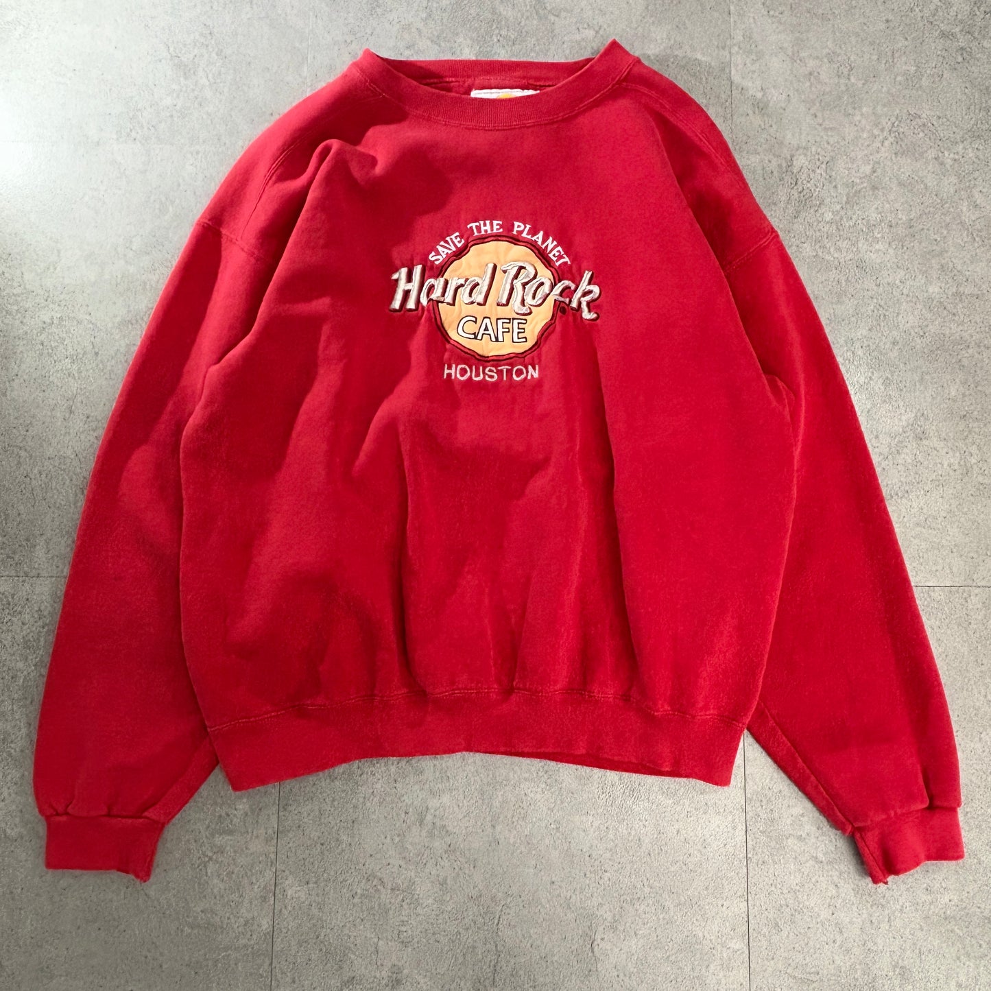 Hard Rock Cafe “HOUSTON” 90s USA製 刺繍スウェット 赤/レッド SAVE THE PLANET ラグラン風 L相当