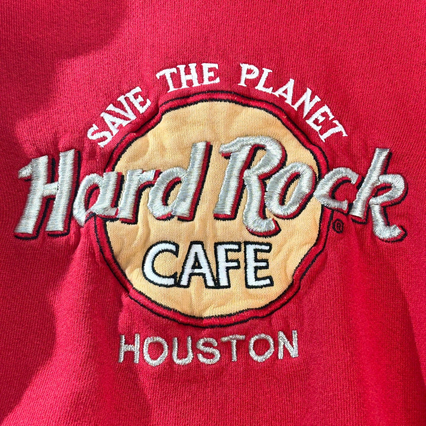 Hard Rock Cafe “HOUSTON” 90s USA製 刺繍スウェット 赤/レッド SAVE THE PLANET ラグラン風 L相当