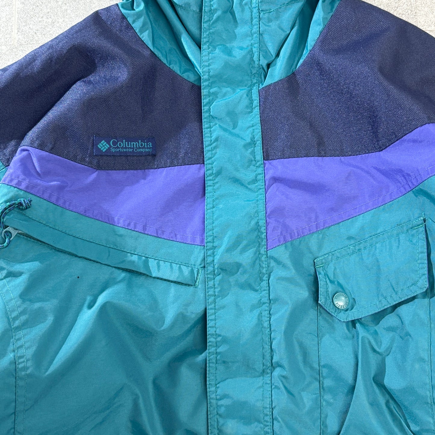90s Columbia カラーブロック ナイロン フーデッドジャケット ティール×パープル 切替 アウトドア 古着