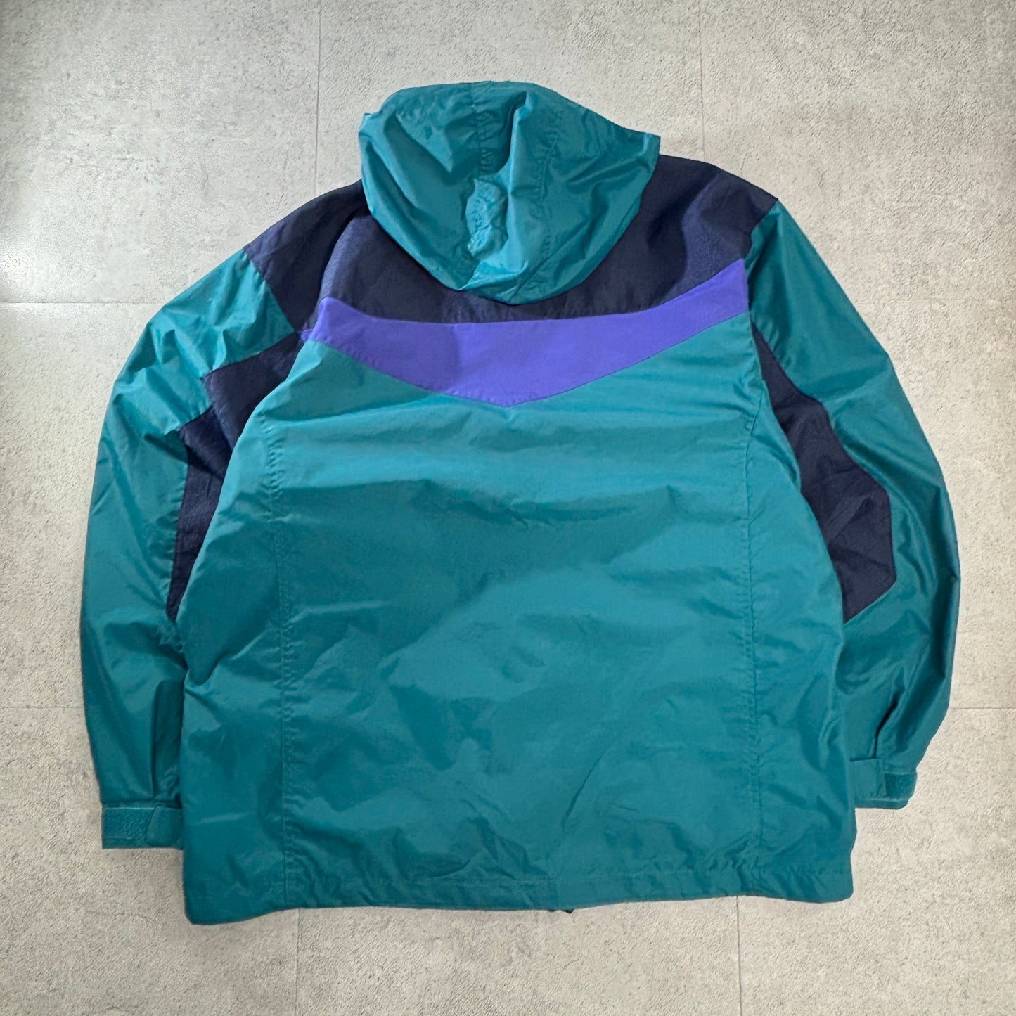 90s Columbia カラーブロック ナイロン フーデッドジャケット ティール×パープル 切替 アウトドア 古着