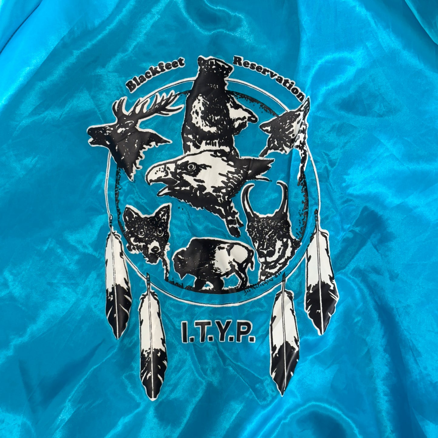 90s USA製 Westark “Blackfeet Reservation” サテンスタジャン ターコイズ×トライバルリブ M ビンテージ/ヴィンテージ ナイロン 中綿キルティング
