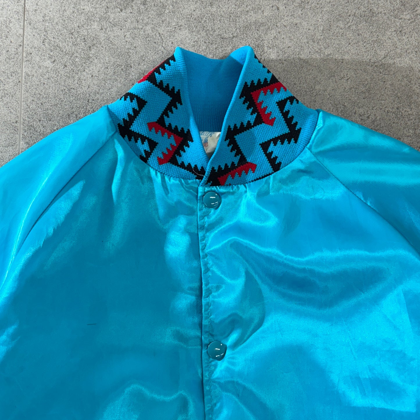 90s USA製 Westark “Blackfeet Reservation” サテンスタジャン ターコイズ×トライバルリブ M ビンテージ/ヴィンテージ ナイロン 中綿キルティング