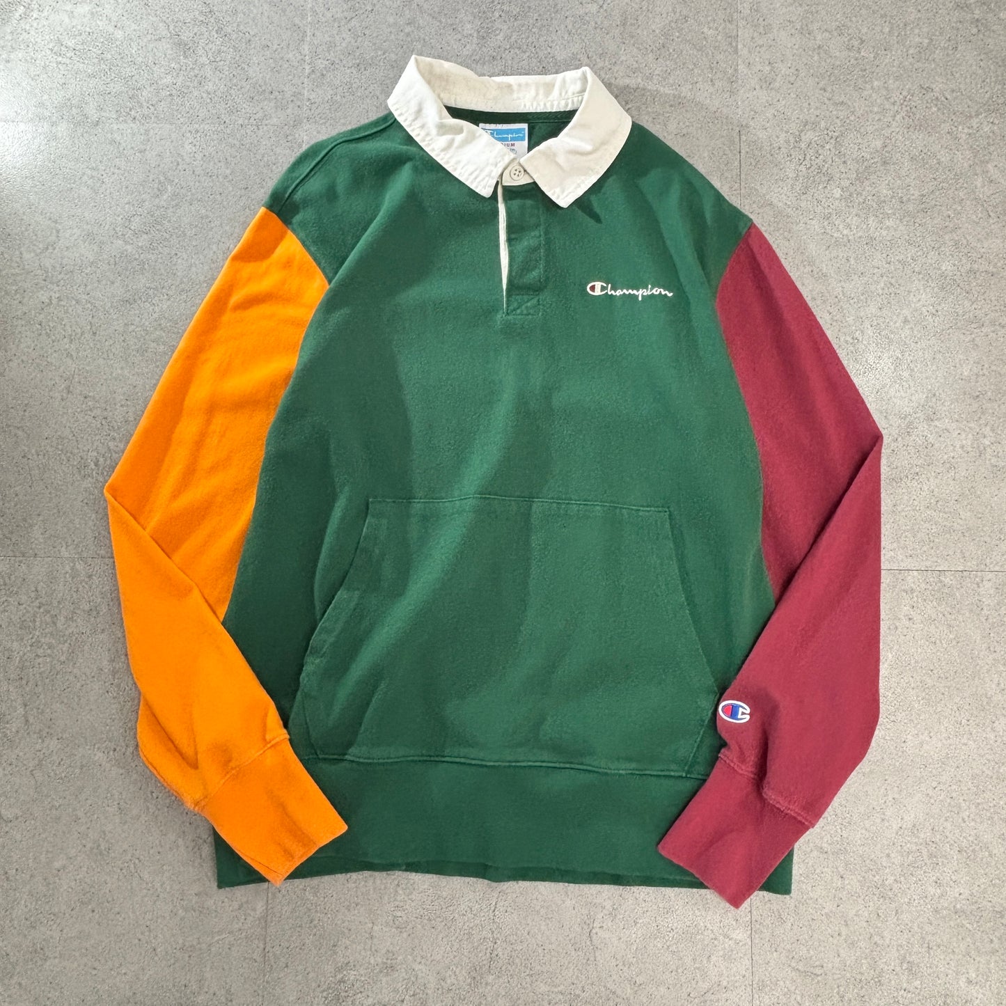 Champion ラガーシャツ風 スウェット プルオーバー M/カラーブロック(グリーン×オレンジ×バーガンディ)白襟 刺繍ロゴ カンガルーポケット