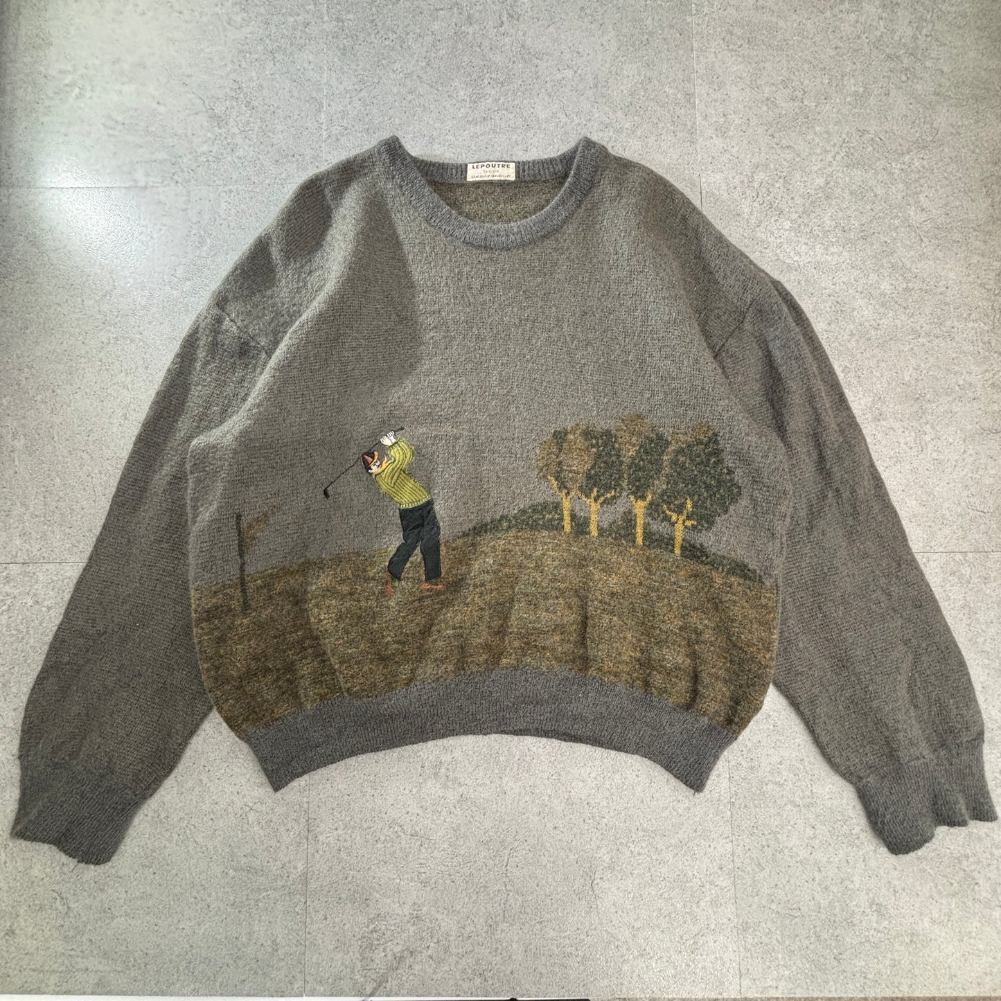 LEPOUTRE TAILOR “Golf Scene” アートニット セーター グレー 80s–90s/ ベルギー ブリュッセルタグ ウール調 ジャカード ゴルフ柄 Vintage