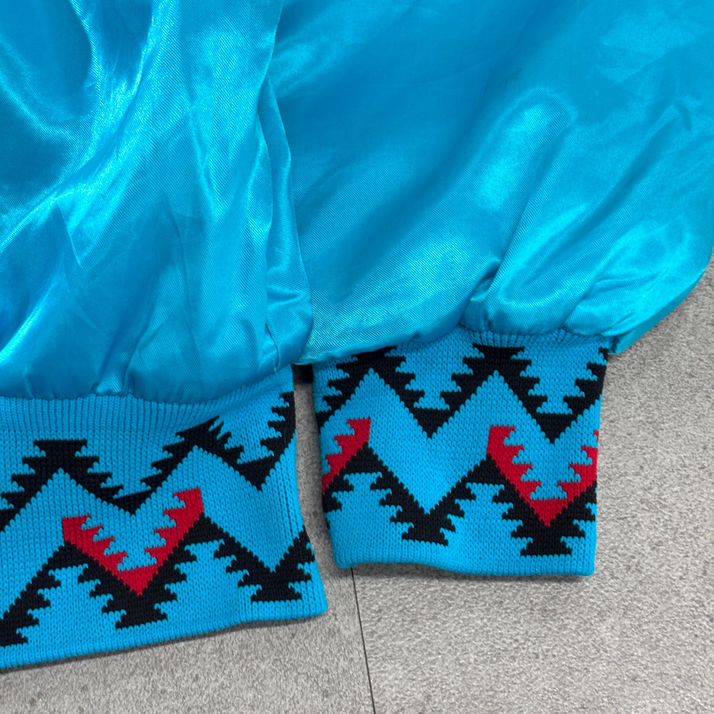 90s USA製 Westark “Blackfeet Reservation” サテンスタジャン ターコイズ×トライバルリブ M ビンテージ/ヴィンテージ ナイロン 中綿キルティング