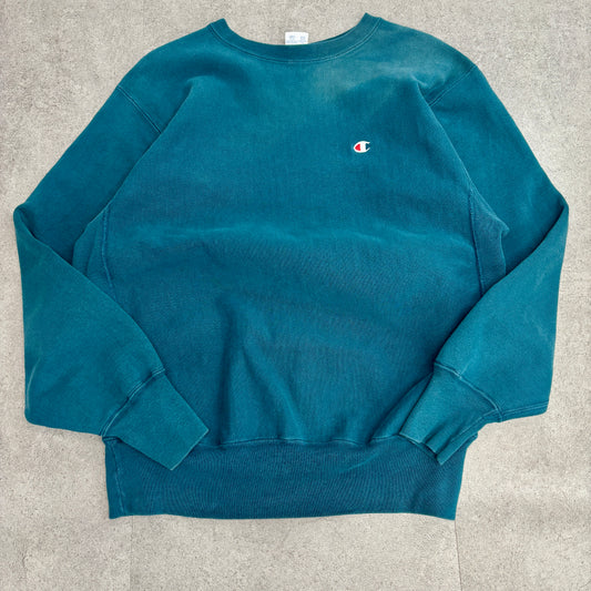 【USA製】Champion リバースウィーブ 青緑無地スウェット 刺繍ロゴ XL 90s ヴィンテージ