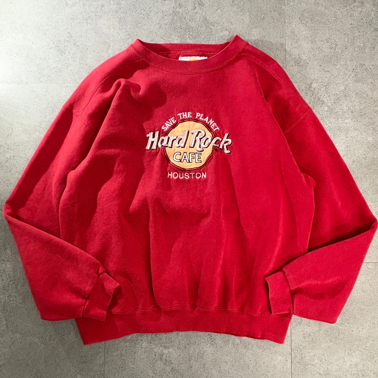 Hard Rock Cafe “HOUSTON” 90s USA製 刺繍スウェット 赤/レッド SAVE THE PLANET ラグラン風 L相当