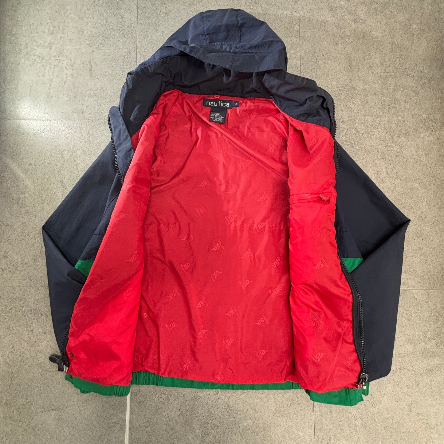 NAUTICA 90s ツートーン パッカブルフード セーリングジャケット L 紺×グリーン コットン×マイクロポリ 台湾製 Jクラスロゴ
