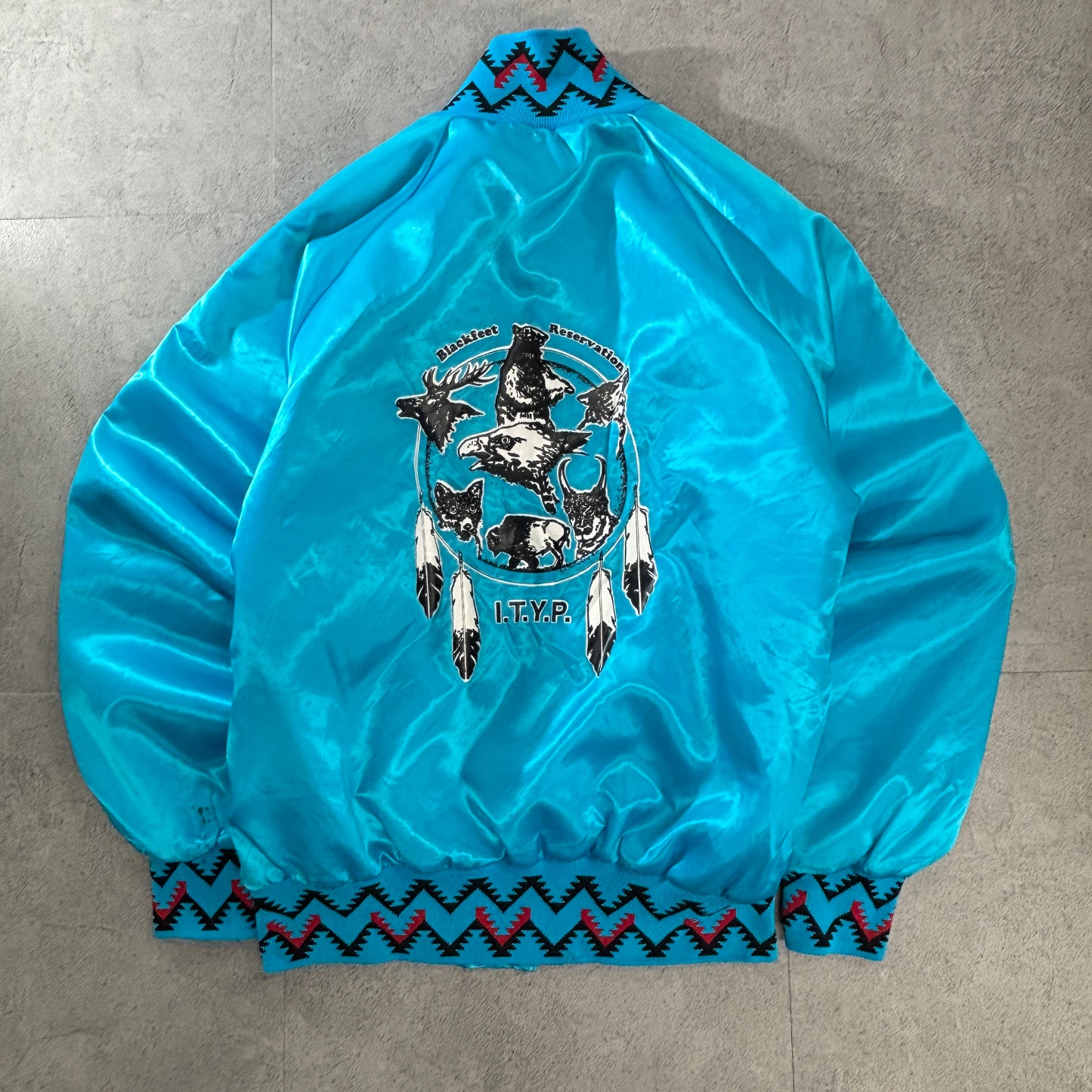 90s USA製 Westark “Blackfeet Reservation” サテンスタジャン ターコイズ×トライバルリブ M ビンテージ/ヴィンテージ ナイロン 中綿キルティング