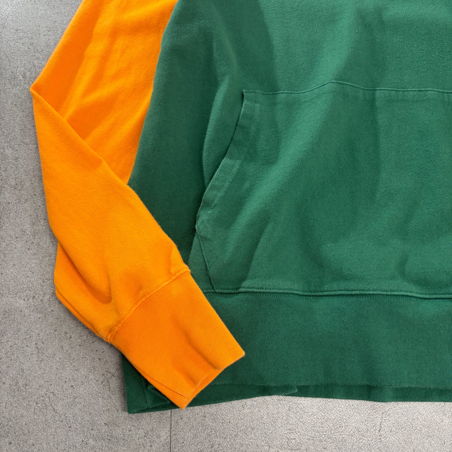 Champion ラガーシャツ風 スウェット プルオーバー M/カラーブロック(グリーン×オレンジ×バーガンディ)白襟 刺繍ロゴ カンガルーポケット