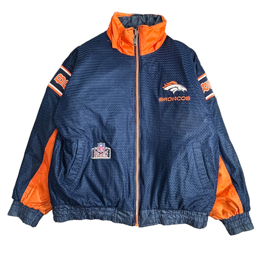 90s PRO PLAYER DENVER BRONCOS ナイロンジャケット ネイビー×オレンジ 刺繍ロゴ NFL公式モデル リバーシブル