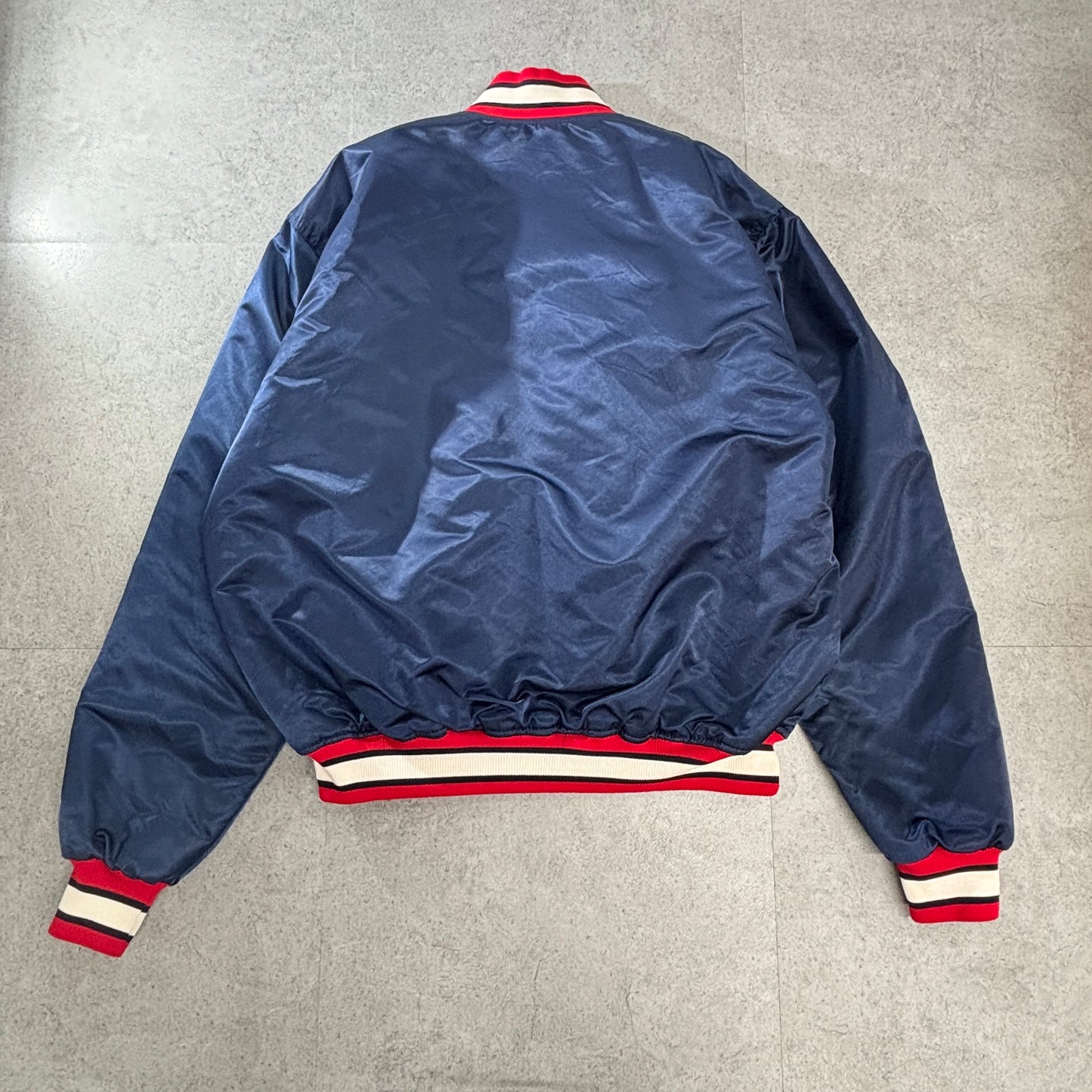 90s USA製 STARTER “MLB DIAMOND COLLECTION” ATLANTA BRAVES サテン スタジャン L ネイビー×レッド ビッグロゴ