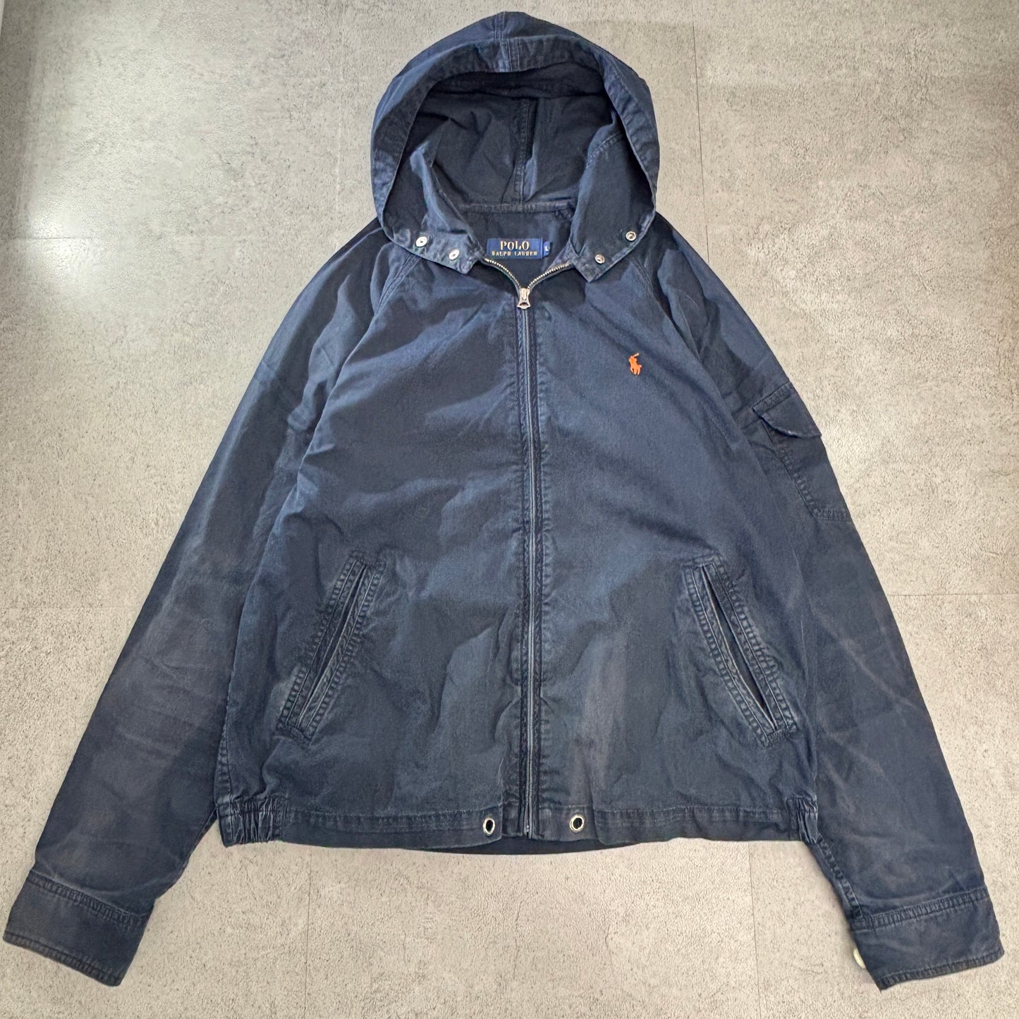 POLO RALPH LAUREN フーデッド ハリントン ジャケット L 紺 ポニー刺繍 TALONジップ コットンナイロン ベトナム製 2000s