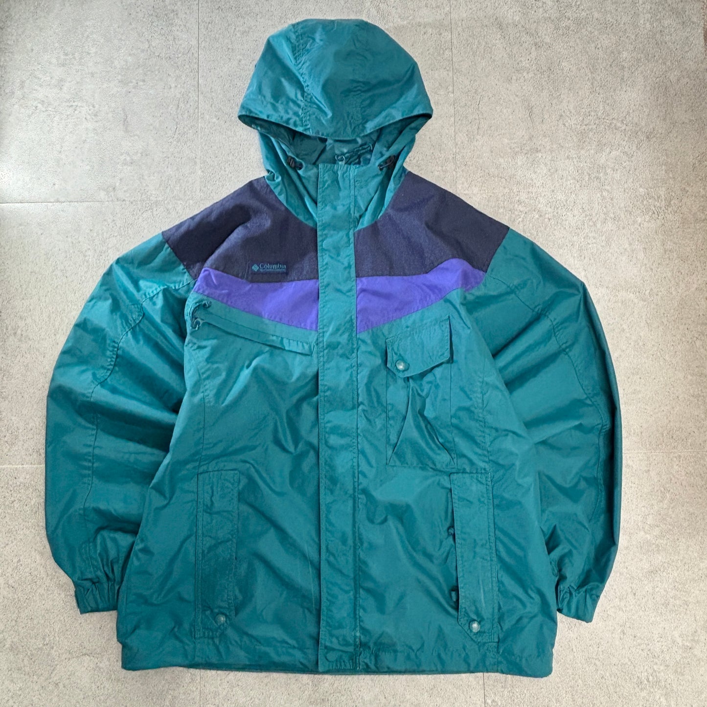 90s Columbia カラーブロック ナイロン フーデッドジャケット ティール×パープル 切替 アウトドア 古着
