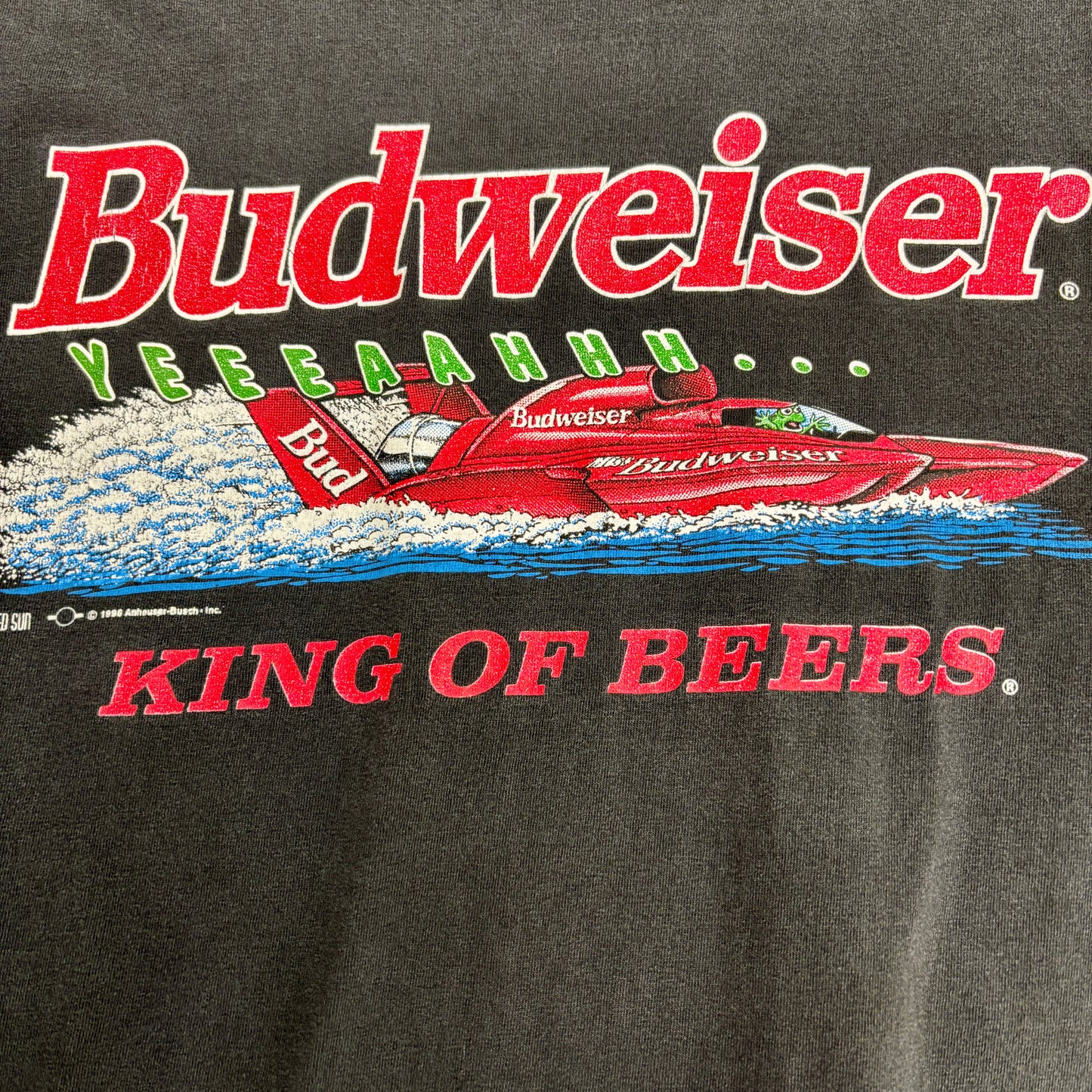 【1998年製】Budweiser バドワイザー 両面プリント Tシャツ|カエル×スピードボート 黒 USA製 SOF TEE L