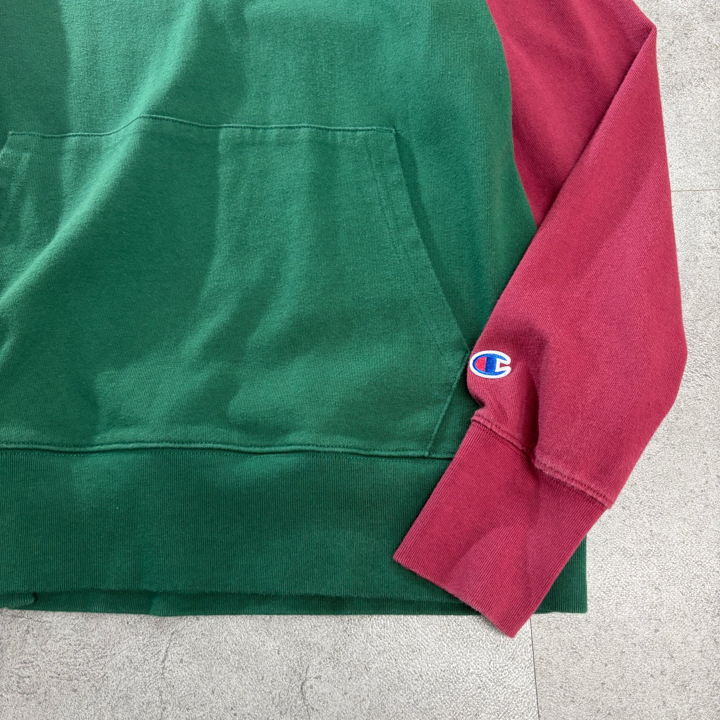 Champion ラガーシャツ風 スウェット プルオーバー M/カラーブロック(グリーン×オレンジ×バーガンディ)白襟 刺繍ロゴ カンガルーポケット